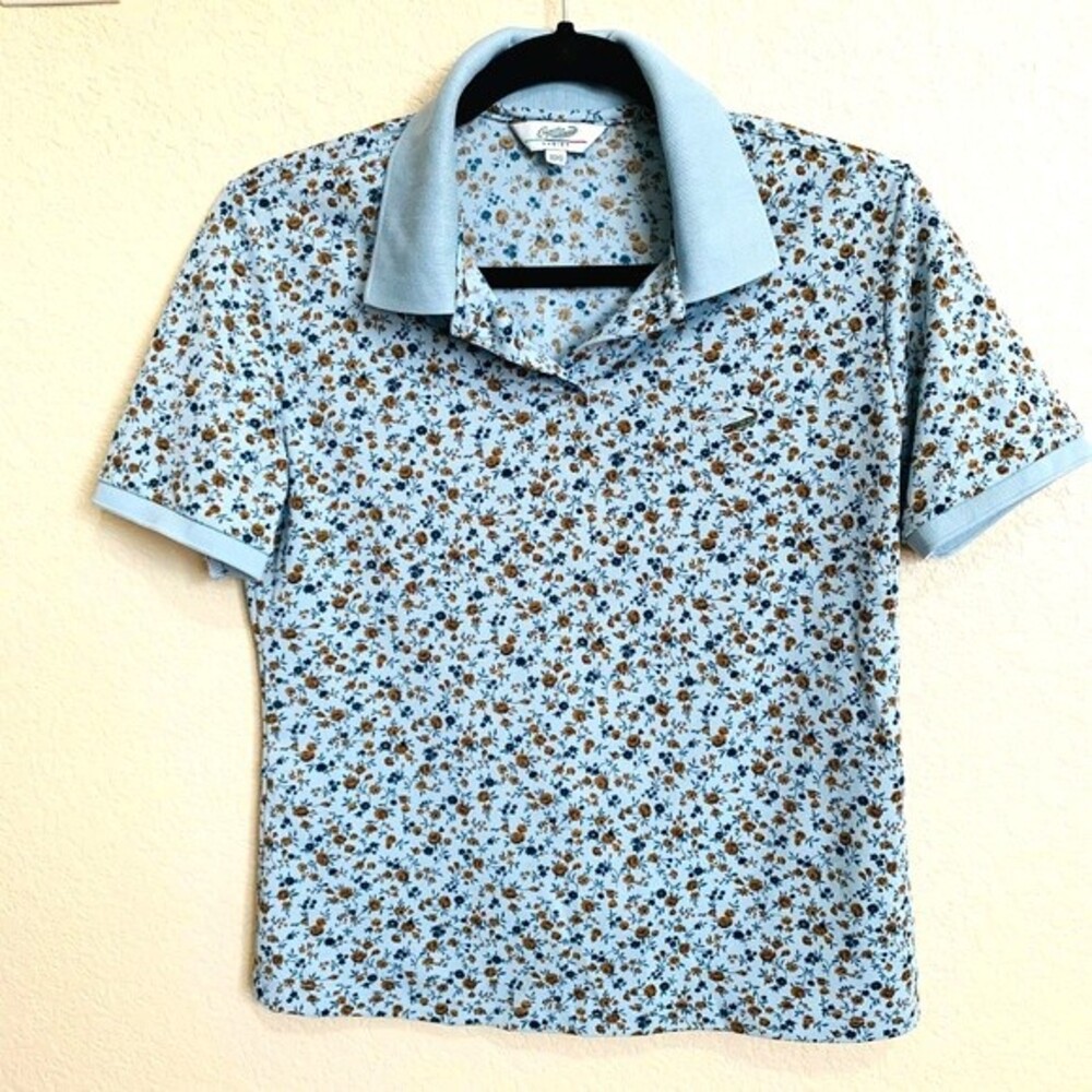 Crocodile blue top women floral collar short sleeve size S